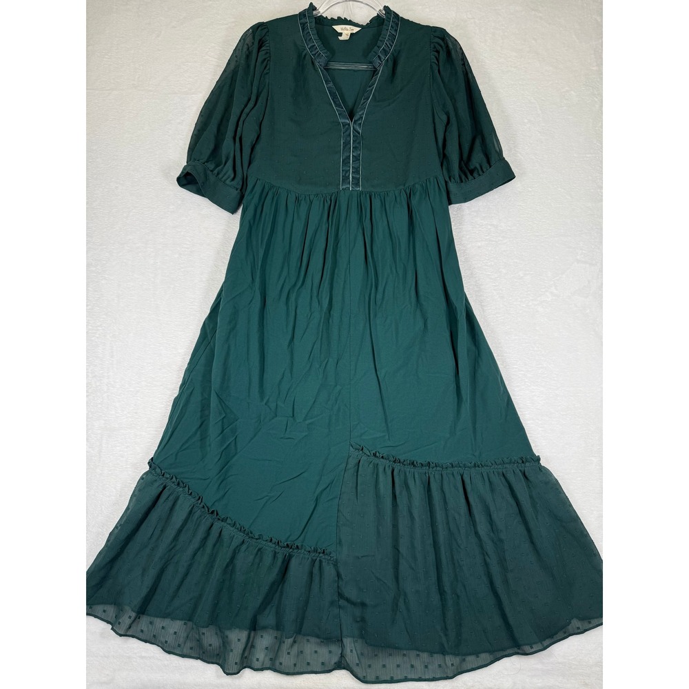 Matilda Jane Dark Green Swiss Dot Ruffle Midi Dress Velvet Trim XS‎ 34114060D